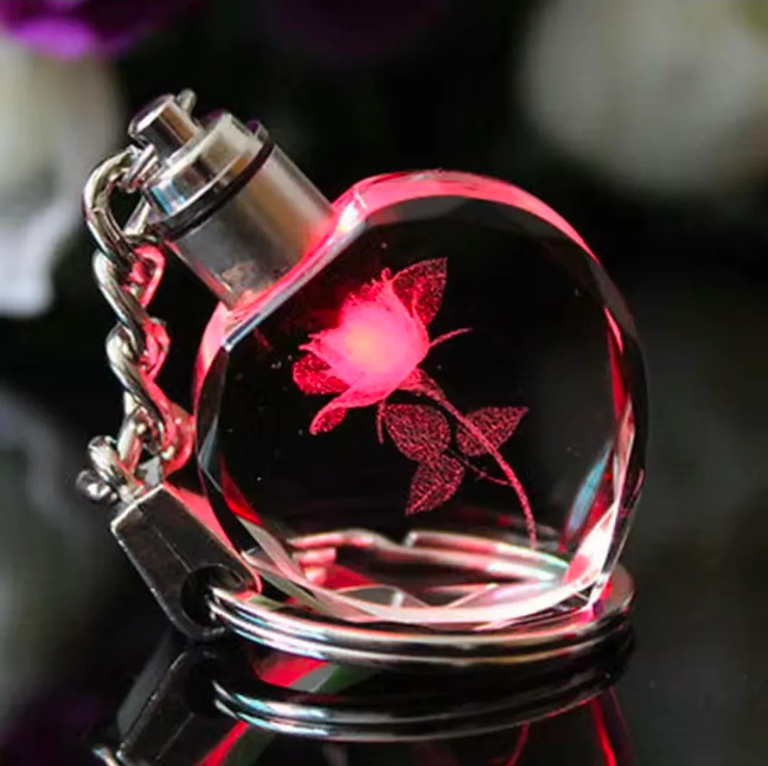βπΉ Premium 3D LED Crystal Rose Keychain β¨