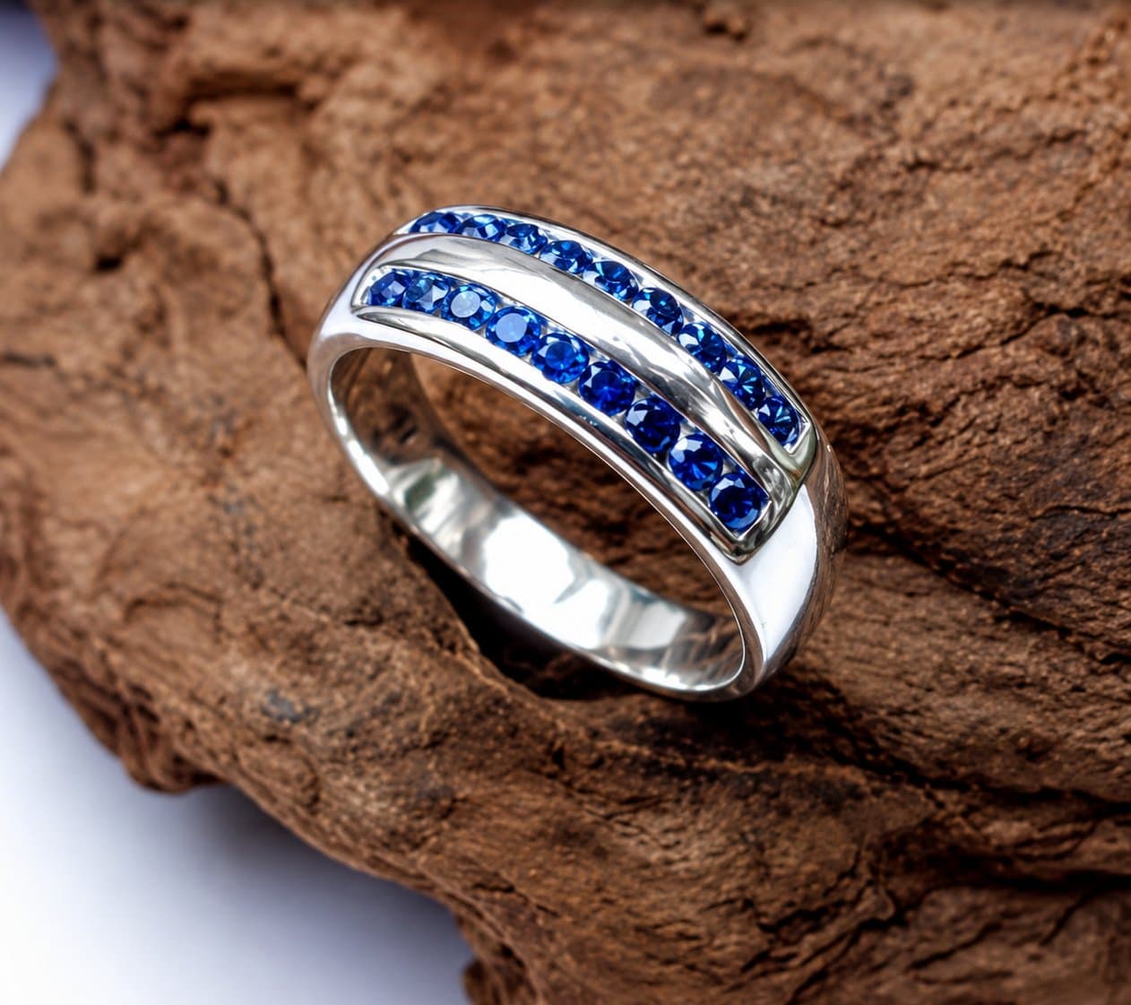 Double Row Blue Sapphire Silver Rings