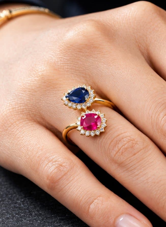 14K Gold Blue & Pink Sapphire Halo Ring